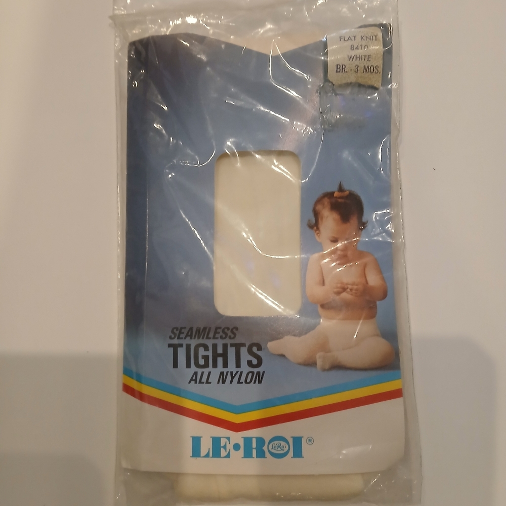 Vintage Le Roi Seamless Tights Nylon Flat Knit White Birth-3 mos